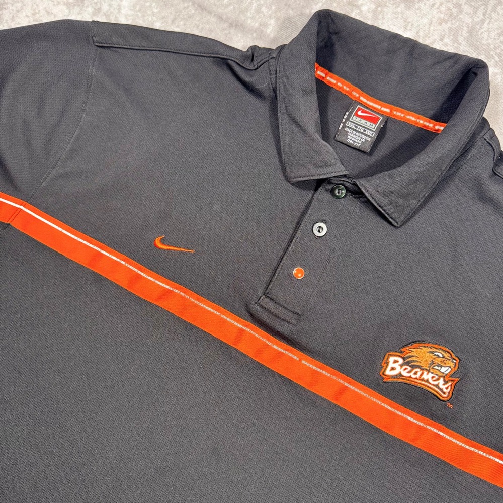 Nike Oregon State Beavers Polo Shirt Mens XXL Black Orange Stripe Dri-Fit NCAA